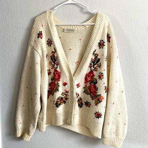 Liz Claiborne Vintage Cardigan Sweater Floral Chunky Knit Design Oversized M/L